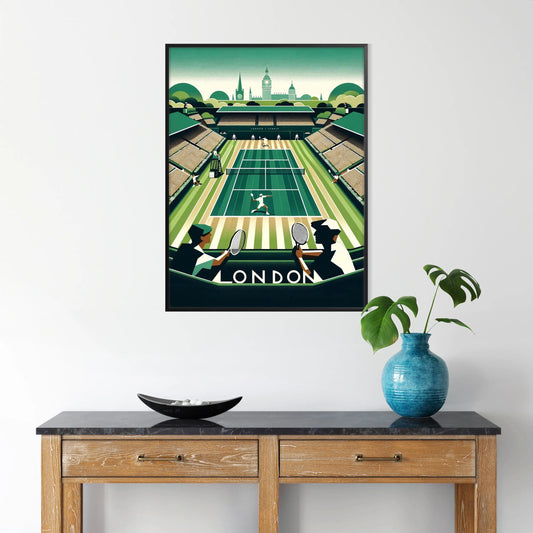 Art Deco Wimbledon tennis design highlighting Wimbledon’s legendary matches elegant living room interior framed print