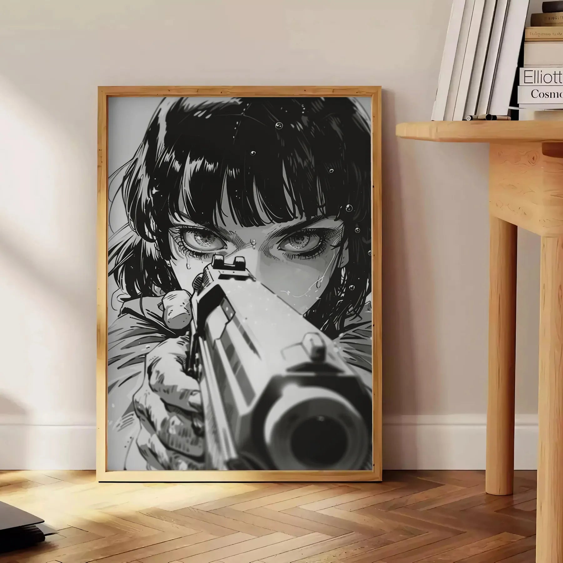 vibrant world gun manga stunning green blue poster wall art unique gift artwork essence dynamic storytelling framed frameless design style decor needs