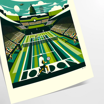 Retro Wimbledon tennis artwork inspired by Wimbledon’s iconic grass courts elegant living room interior framed print