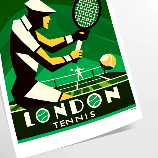 Retro London tennis artwork inspired by Wimbledon’s iconic grass courts elegant living room interior framed print