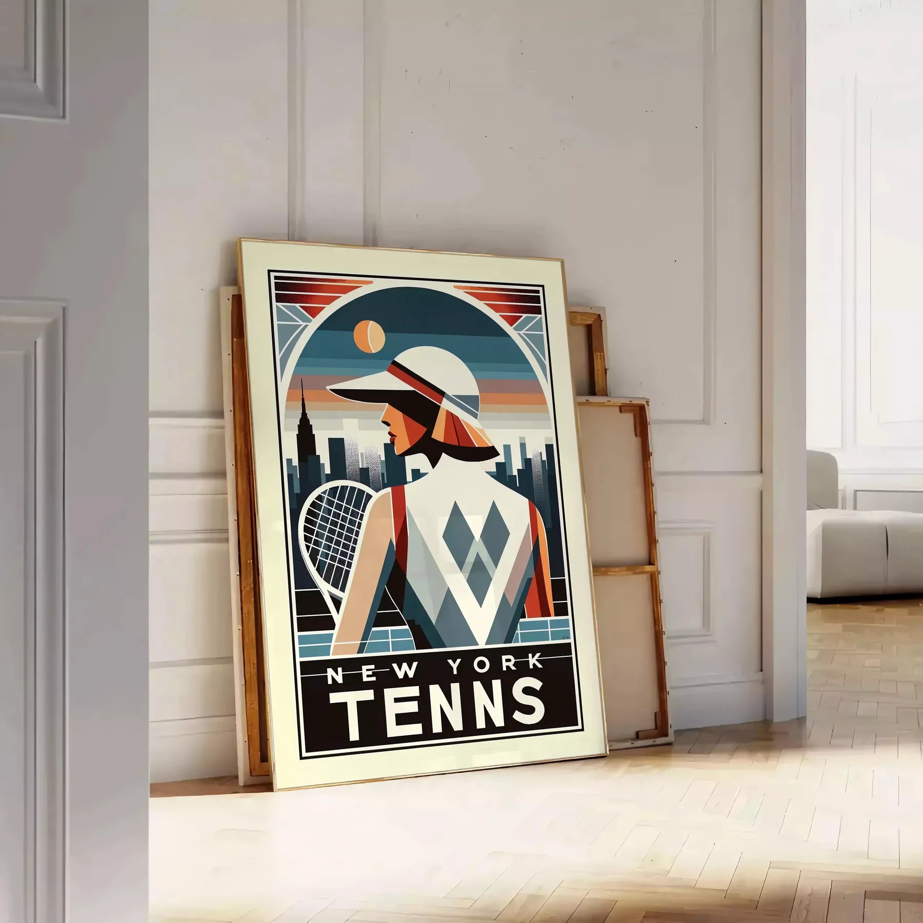 Stylish Lady New York tennis poster capturing the energy of New York and the US Open elegant living room interior framed print