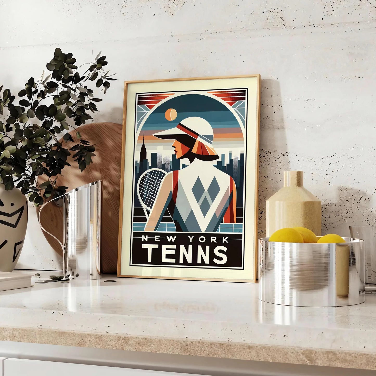 Art Deco Lady New York tennis artwork referencing New York’s US Open elegant living room interior framed print