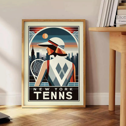 Stylish Lady New York tennis poster capturing the energy of New York and the US Open elegant living room interior framed print