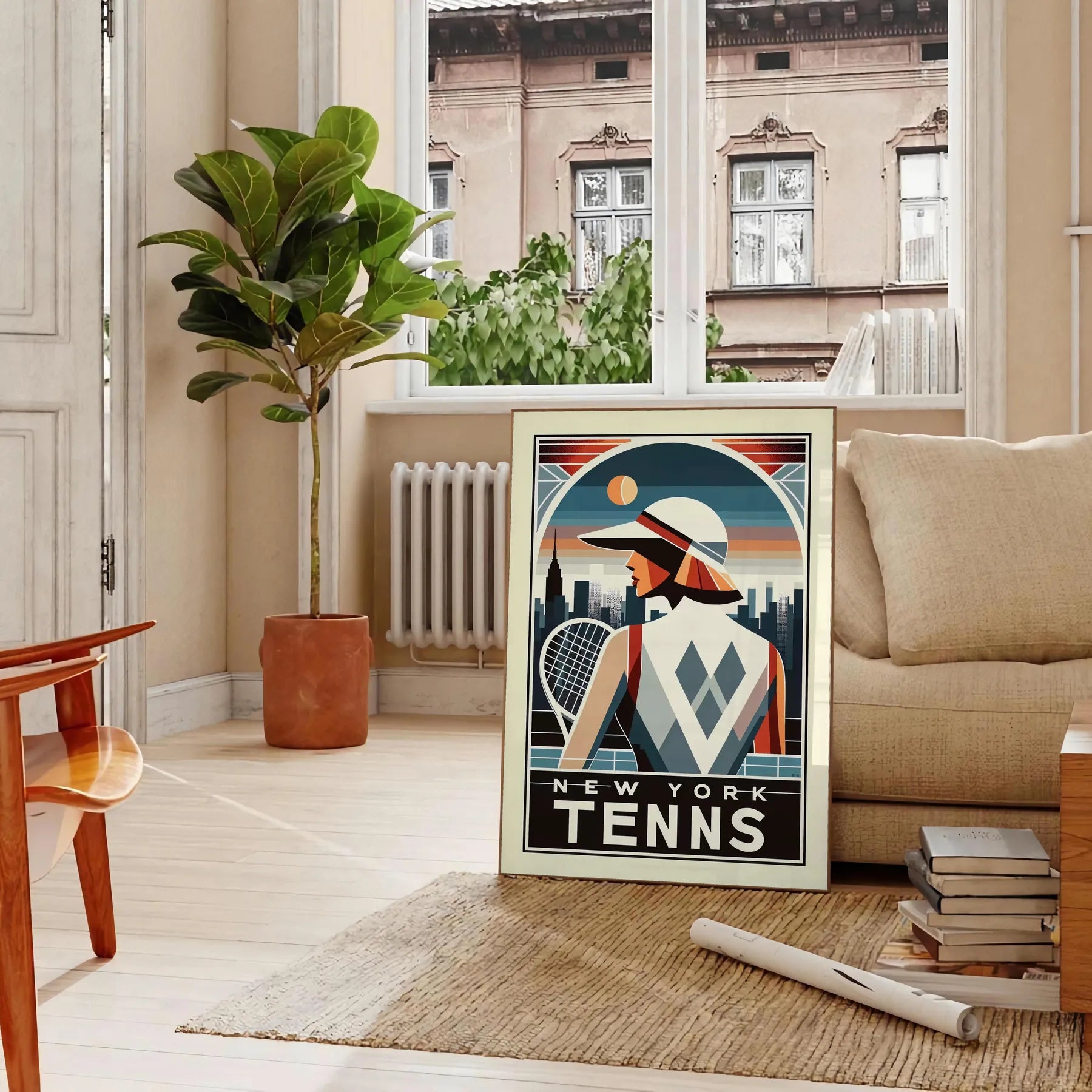 Art Deco Lady New York tennis artwork referencing New York’s US Open elegant living room interior framed print