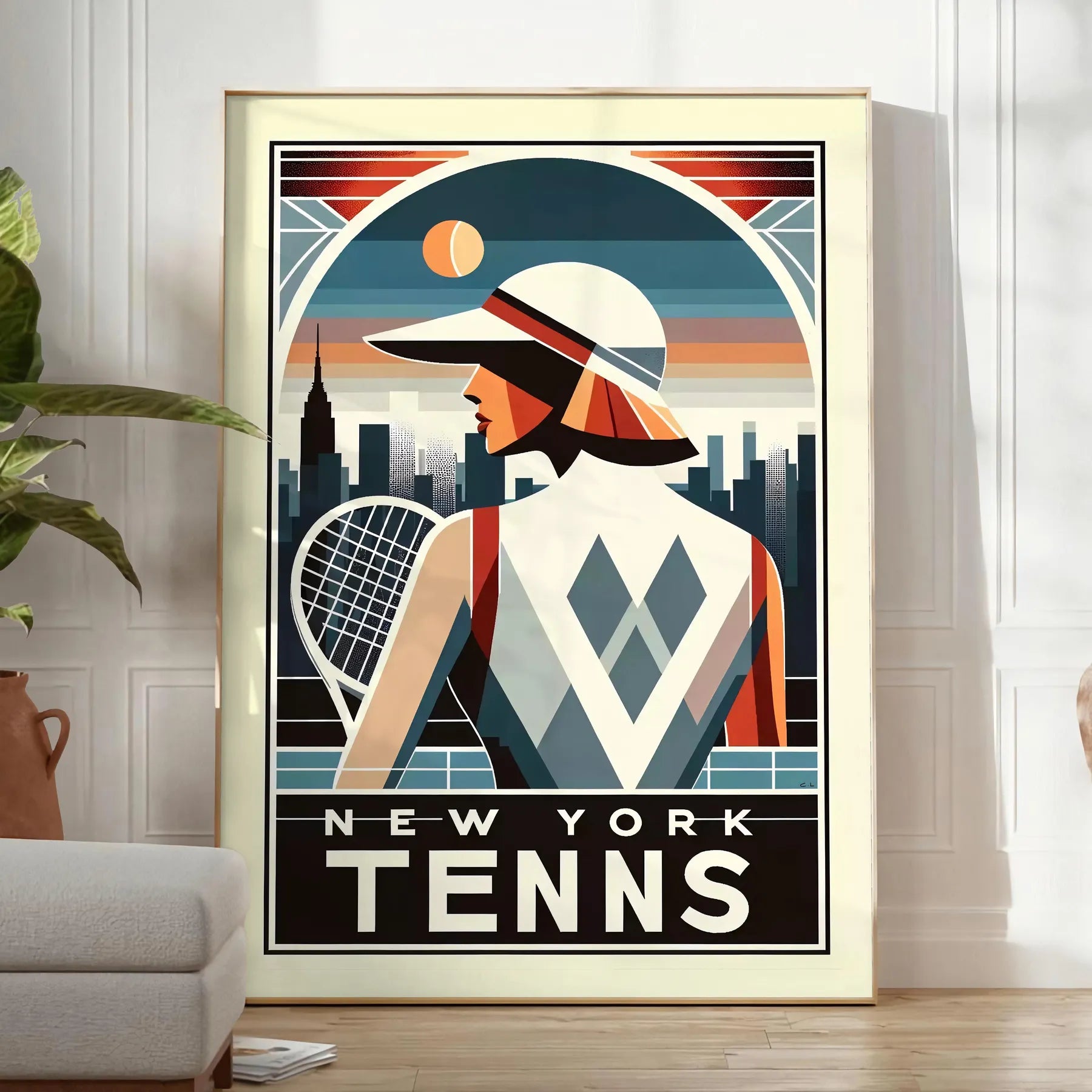 Art Deco Lady New York tennis artwork referencing New York’s US Open elegant living room interior framed print