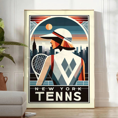 Art Deco Lady New York tennis artwork referencing New York’s US Open elegant living room interior framed print