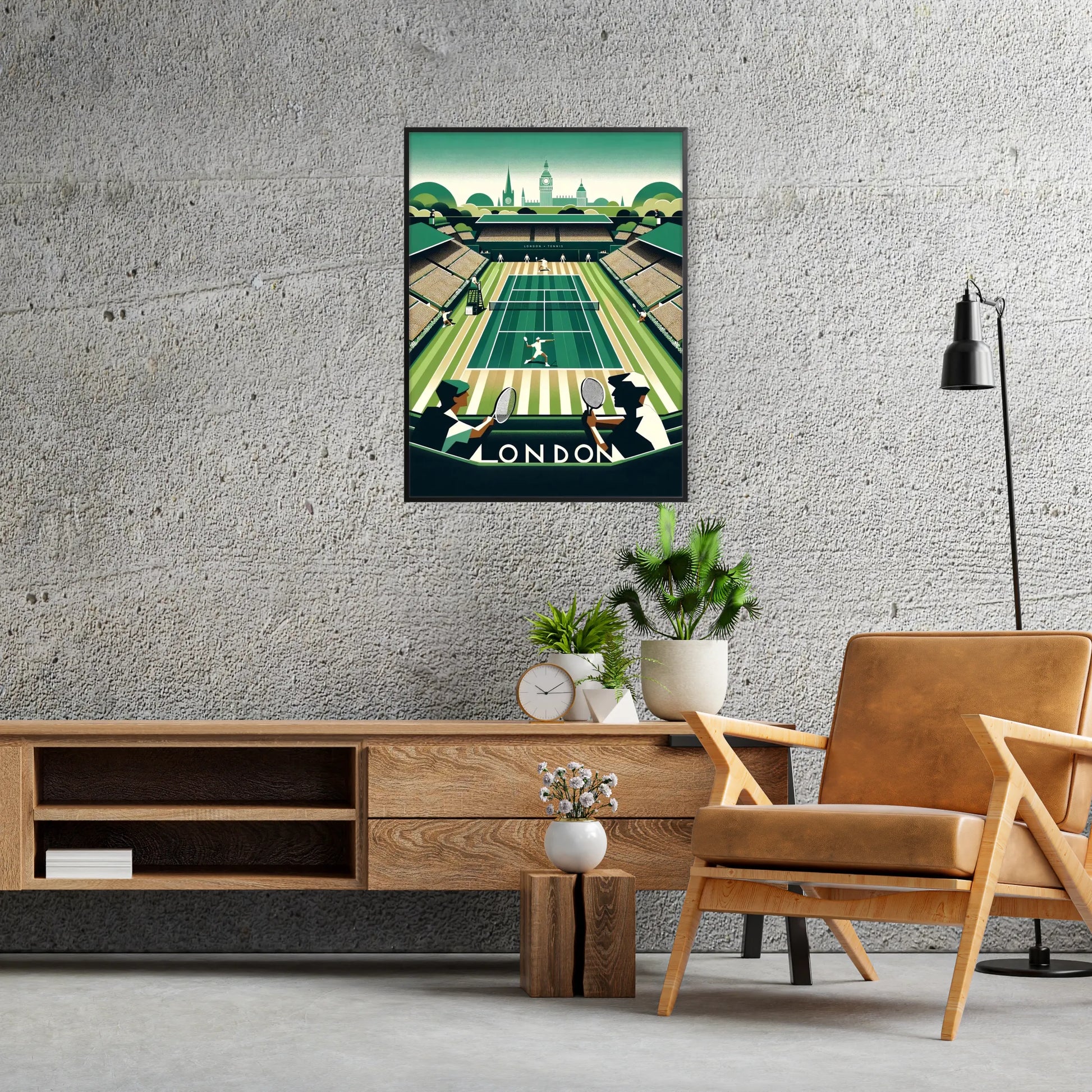 Classic Wimbledon tennis poster celebrating Wimbledon’s prestigious heritage elegant living room interior framed print