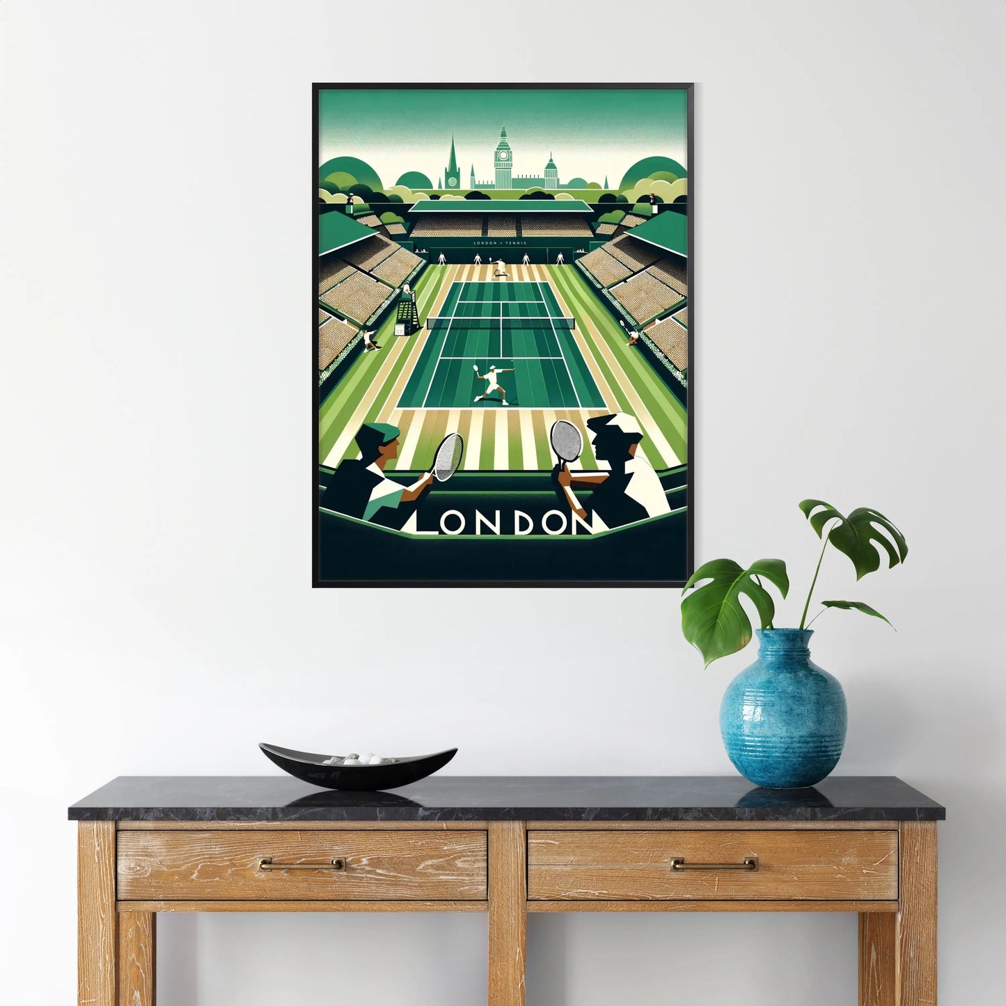 Art Deco Wimbledon tennis design highlighting Wimbledon’s legendary matches elegant living room interior framed print